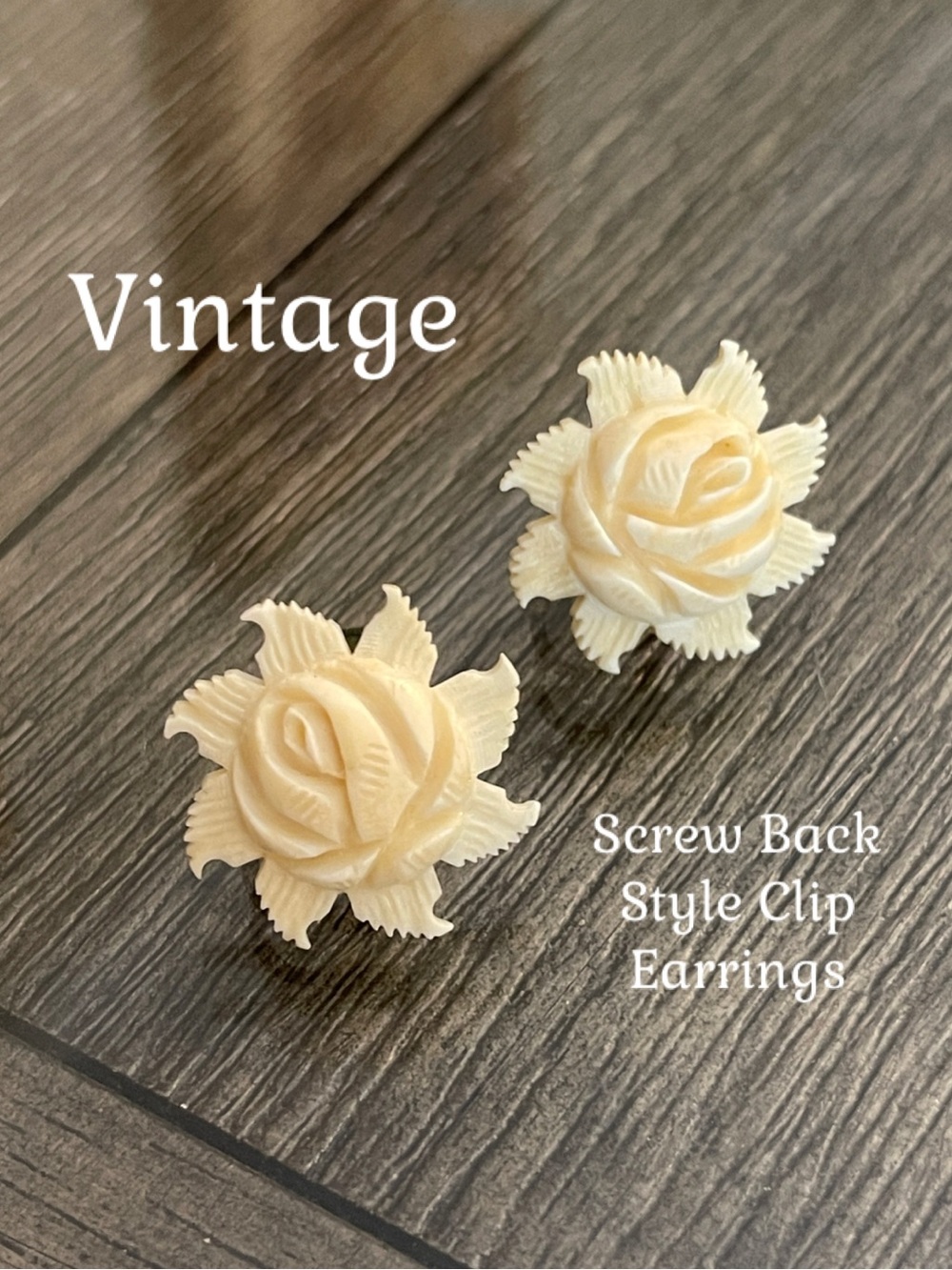 Vintage Ivory Colored Carved Rose Flower Screw Back Clip Earrings